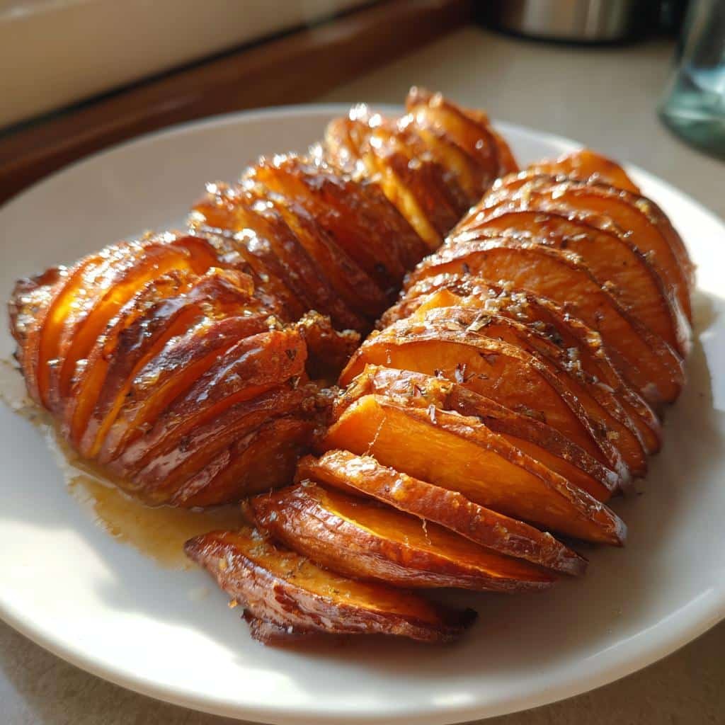 Healthy Hasselback Sweet Potatoes (Maple Glazed)