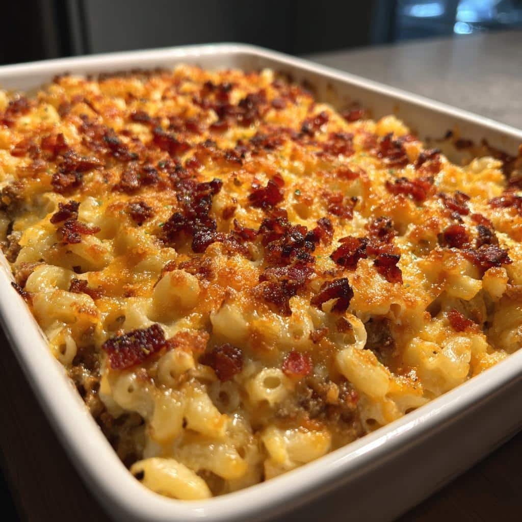 Healthy Loaded Bacon Cheeseburger Mac casserole - detail 1