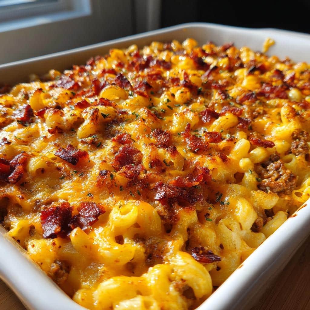 Healthy Loaded Bacon Cheeseburger Mac casserole