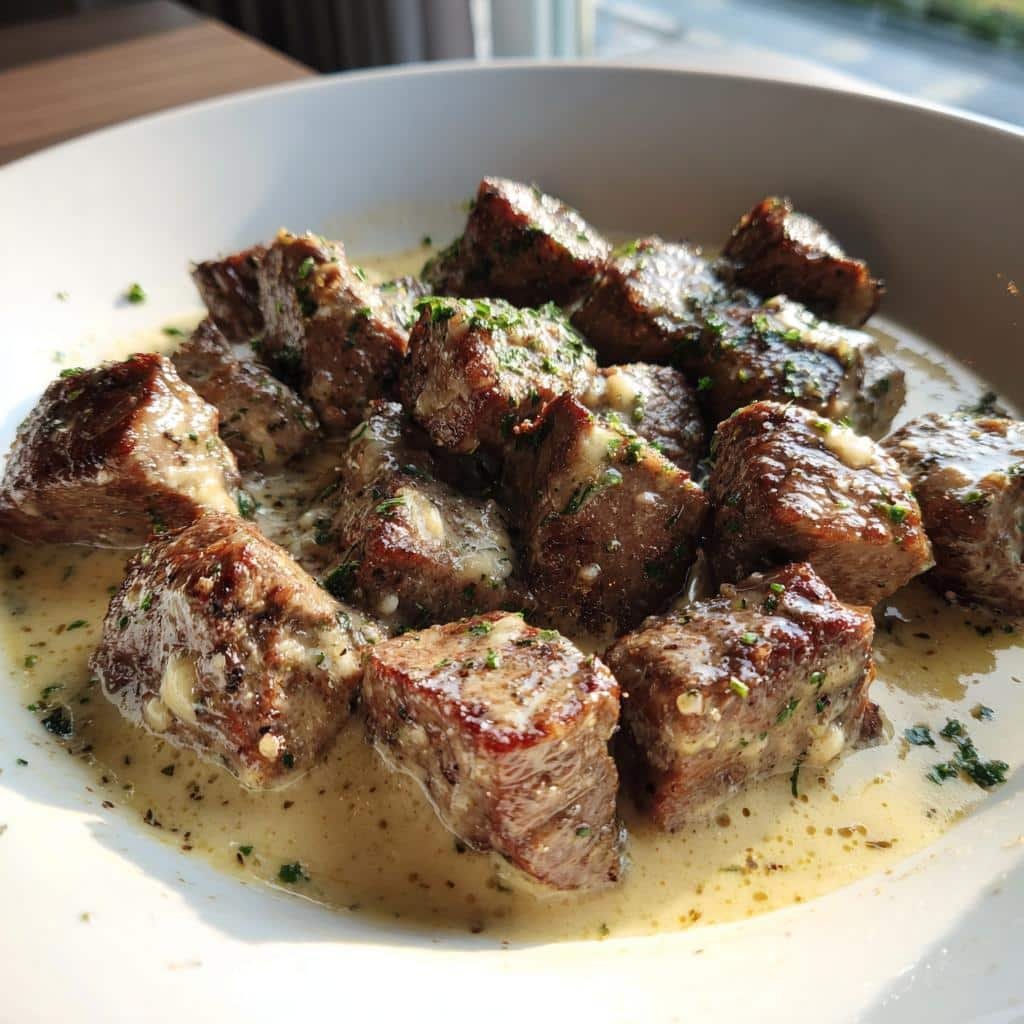 Healthy Quick Garlic Butter Steak Bites with Parmesan Cream Sauce