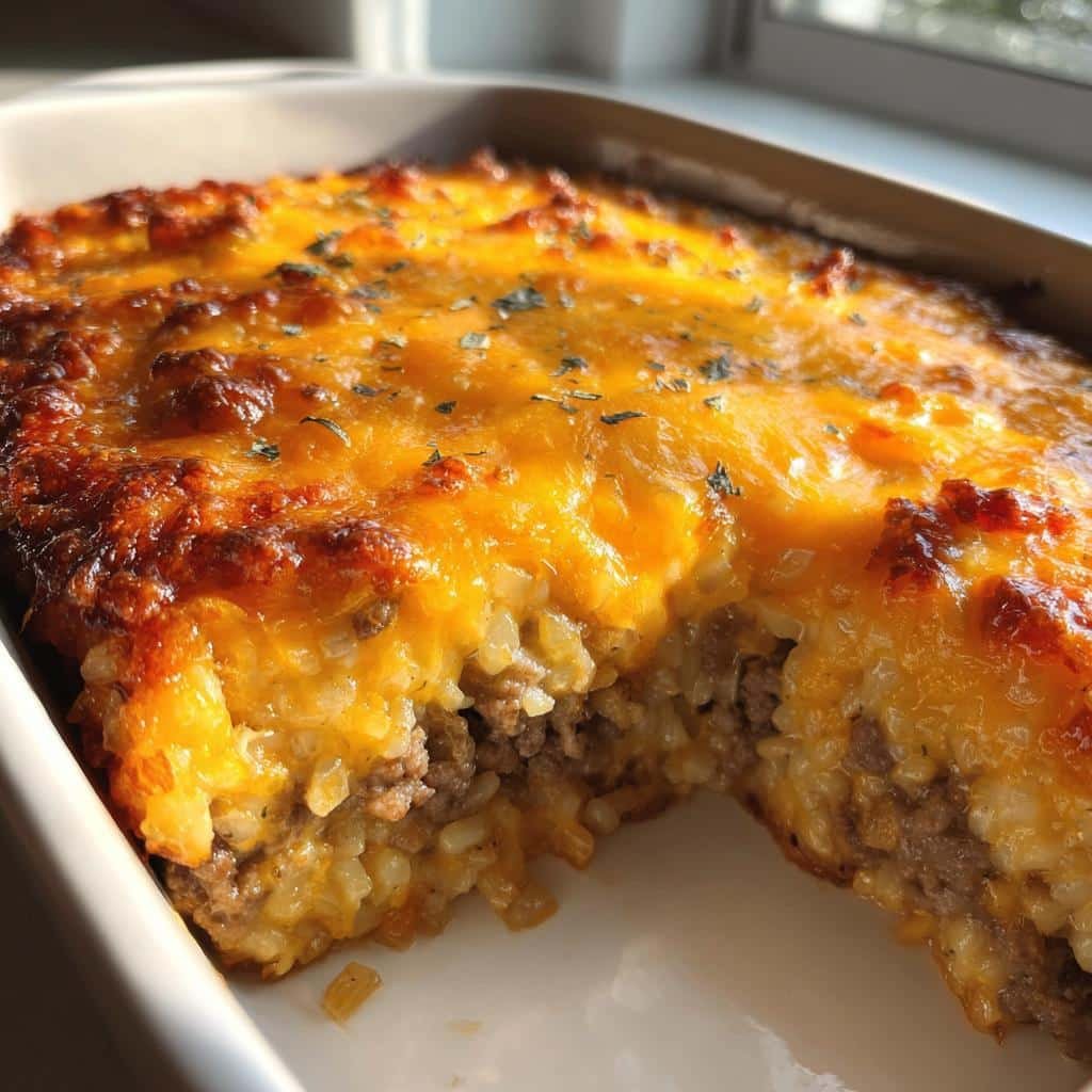 Healthy Simple Cheddar-Crusted Ground Beef and Rice Casserole