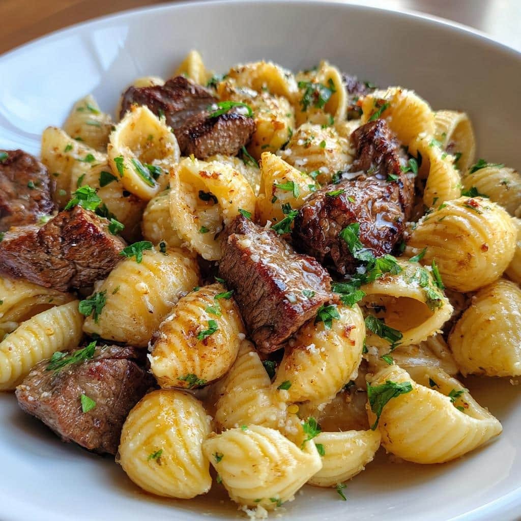 Healthy Weknight Garlic Butter Steak Bites & Creamy Parmesan Shells - detail 1