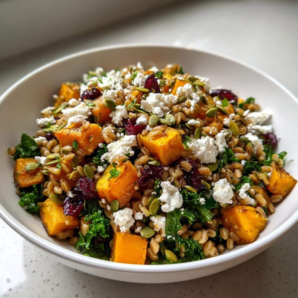 Healthy Winter Kale Salad with Roasted Butternut Squash and Farro - detail 1