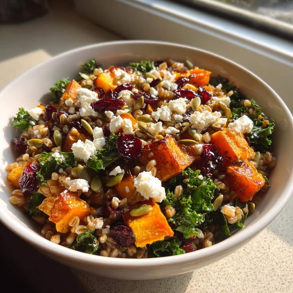 Healthy Winter Kale Salad with Roasted Butternut Squash and Farro