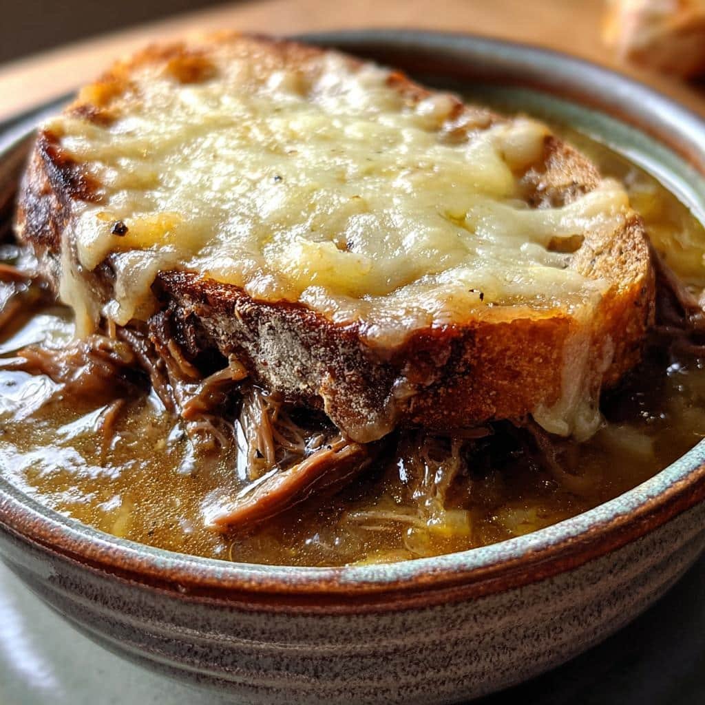 Healthy beef short rib French onion soup