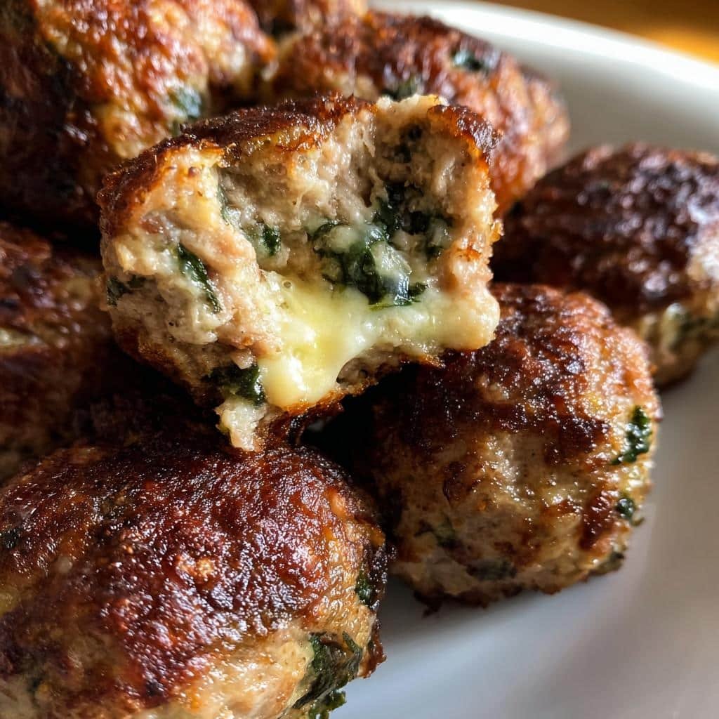 Spinach Garlic Meatballs Stuffed with Mozzarella