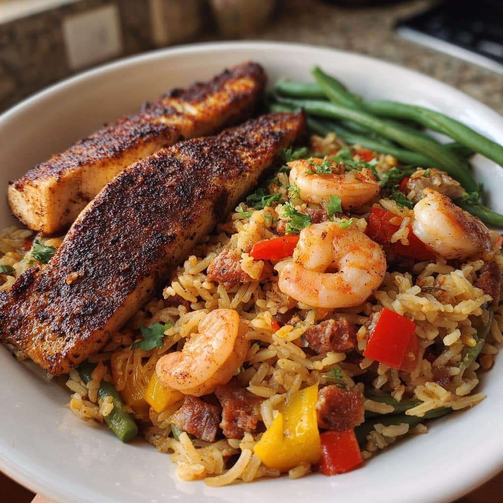 35-Minute Blackened Catfish with Cajun Shrimp & Sausage Perfection 4 Blackened catfish, Cajun shrimp & sausage fried rice, green beans - detail 1