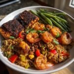 Blackened catfish, Cajun shrimp & sausage fried rice, green beans