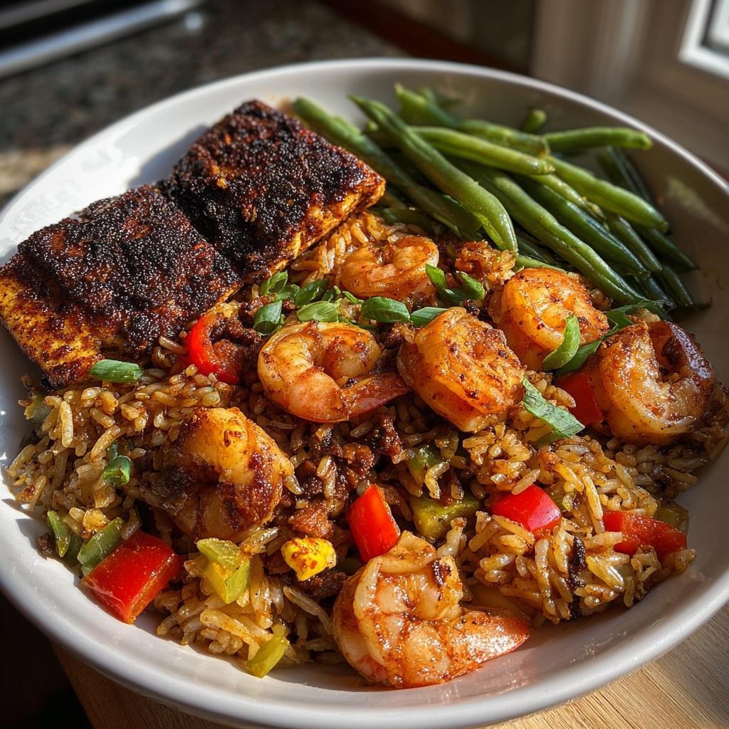 Blackened catfish, Cajun shrimp & sausage fried rice, green beans