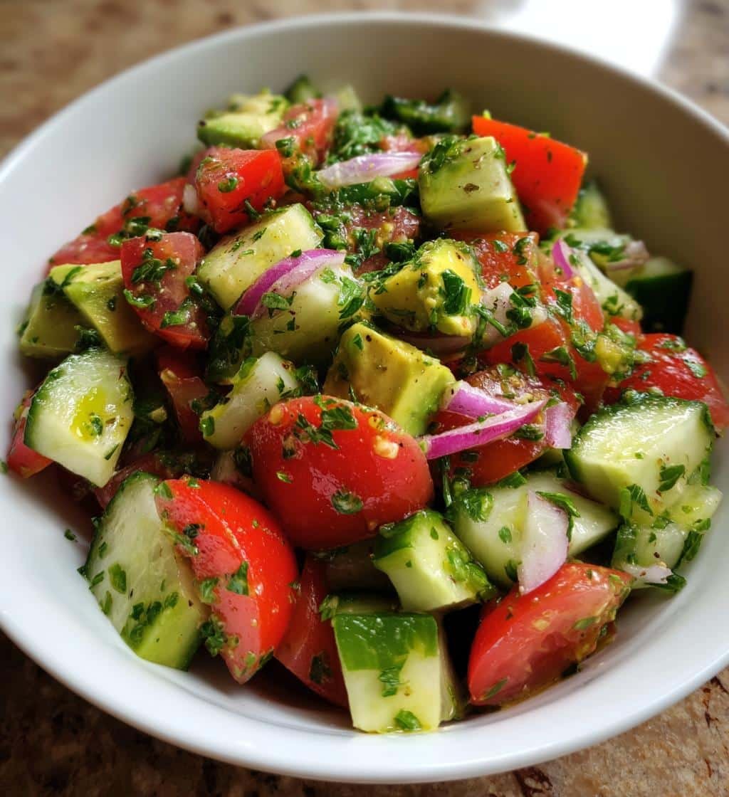 15-Minute Healthy Cucumber Tomato Avocado Salad Bliss 4 CHealthy ucumber Tomato Avocado Salad (Mediterranean Style) - detail 1