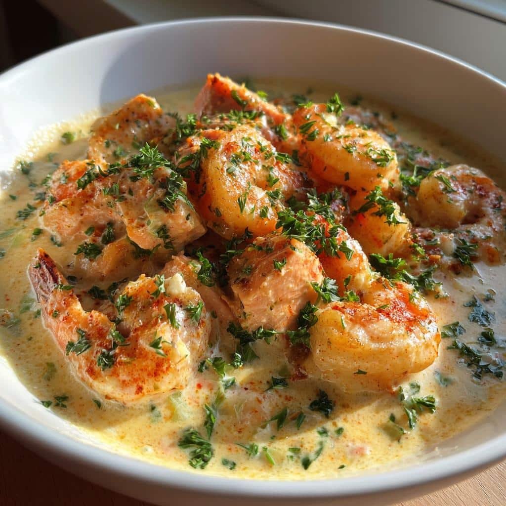 Cajun Shrimp & Salmon with Garlic Cream Sauce
