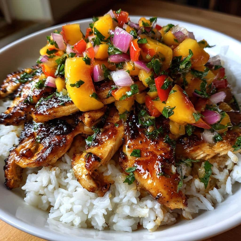 30-Minute Cilantro-Lime Chicken Bowls with Irresistible Peach Salsa 4 Cilantro-Lime Chicken Bowls with Peach Salsa - detail 1
