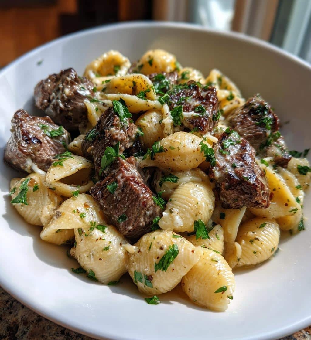 Delicious Garlic Butter Steak Bites & Creamy Parmesan Shells - detail 1