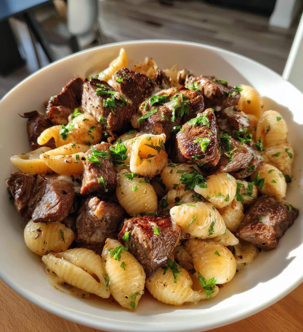 Delicious Garlic Butter Steak Bites & Creamy Parmesan Shells