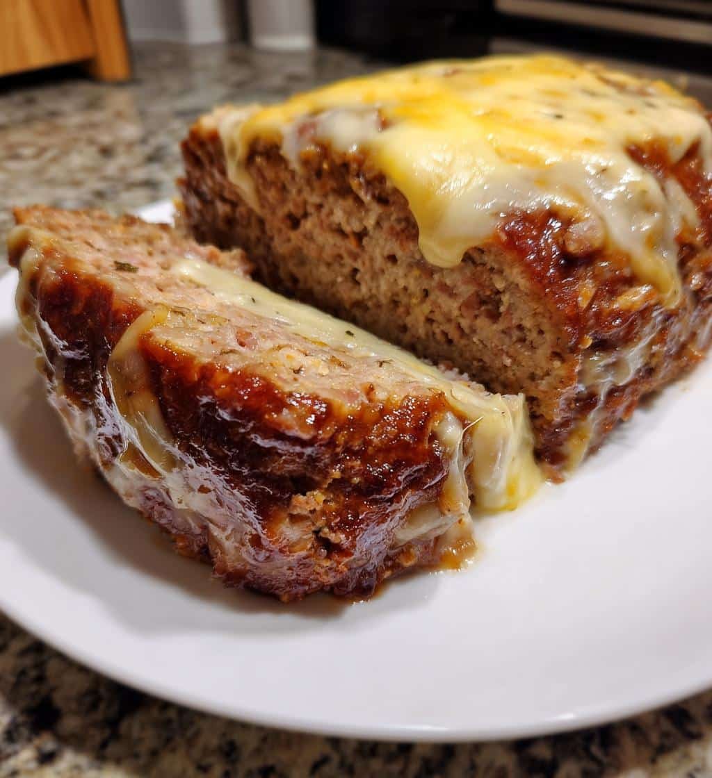 Easy Crockpot French Onion Meatloaf with Melted Swiss Cheese