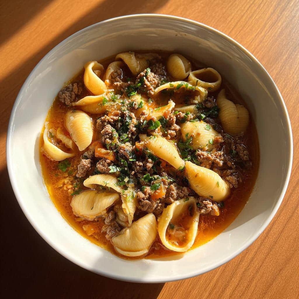 HEARTY SKILLET SHELLS AND BEEF WITH SAVORY BROTH - detail 1
