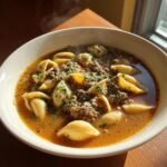 HEARTY SKILLET SHELLS AND BEEF WITH SAVORY BROTH