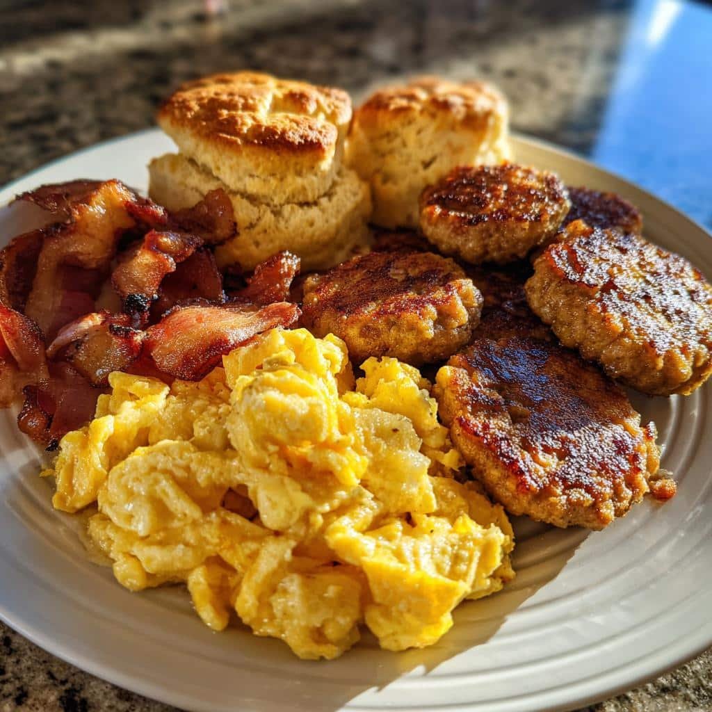 15-Minute Healthy Breakfast Plate with Sausage & Eggs Bliss 4 Healthy Breakfast Plate with Sausage Patties, Scrambled Eggs,Bacon, and Biscuits - detail 1