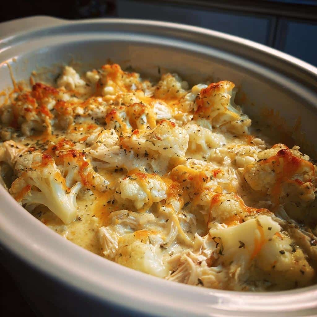 Healthy CROCKPOT Cauliflower Mac & Cheese with Chicken