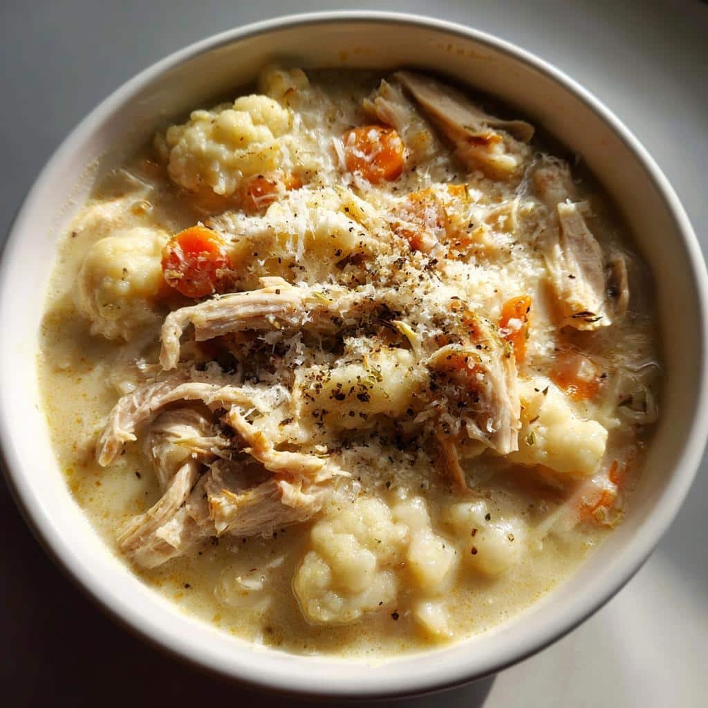 Healthy CROCKPOT Chicken & Cauliflower Alfredo Soup