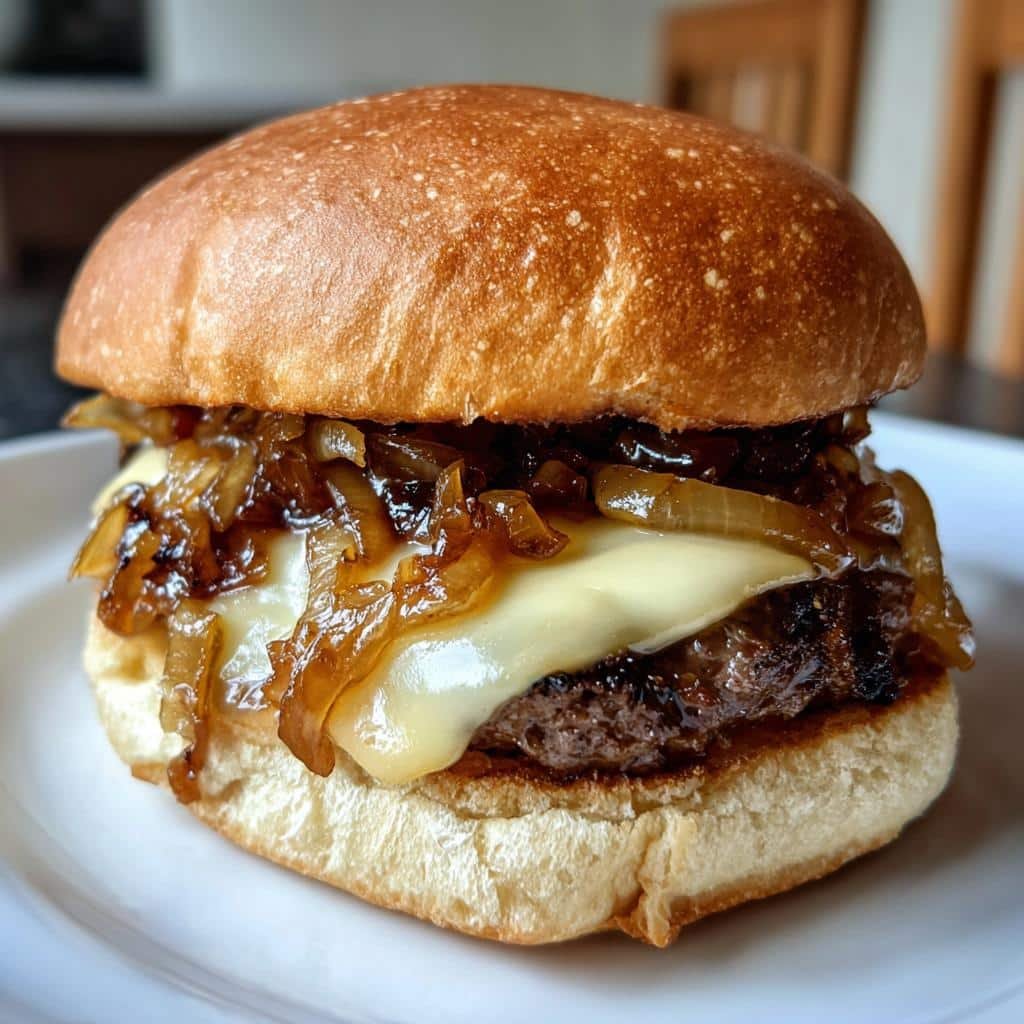 Healthy Caramelized Onion and Swiss Cheese Burger