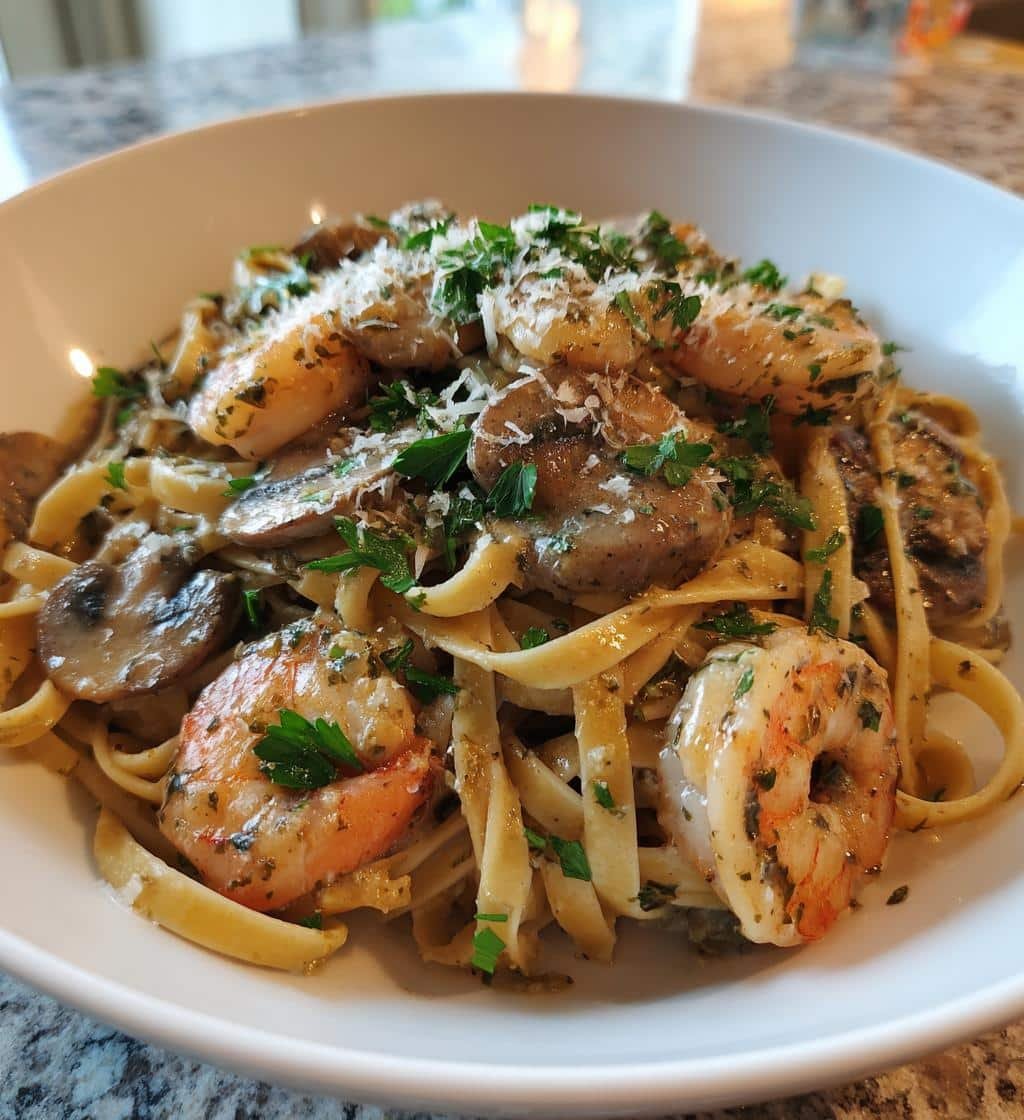Healthy Creamy Shrimp Pasta with Mushrooms