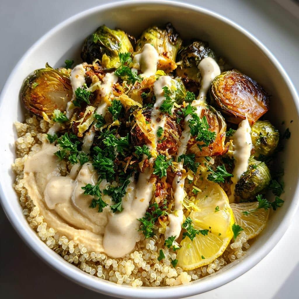 Healthy Crispy Brussels Sprouts Grain Bowl with Hummus and Tahini - detail 1