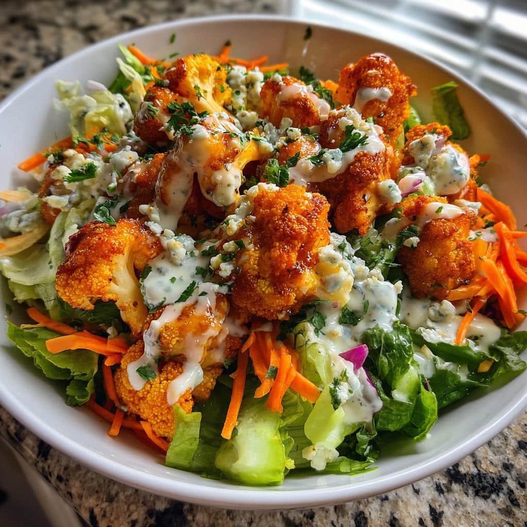Healthy Crispy Buffalo Cauliflower Salad with Vegan Blue Cheese