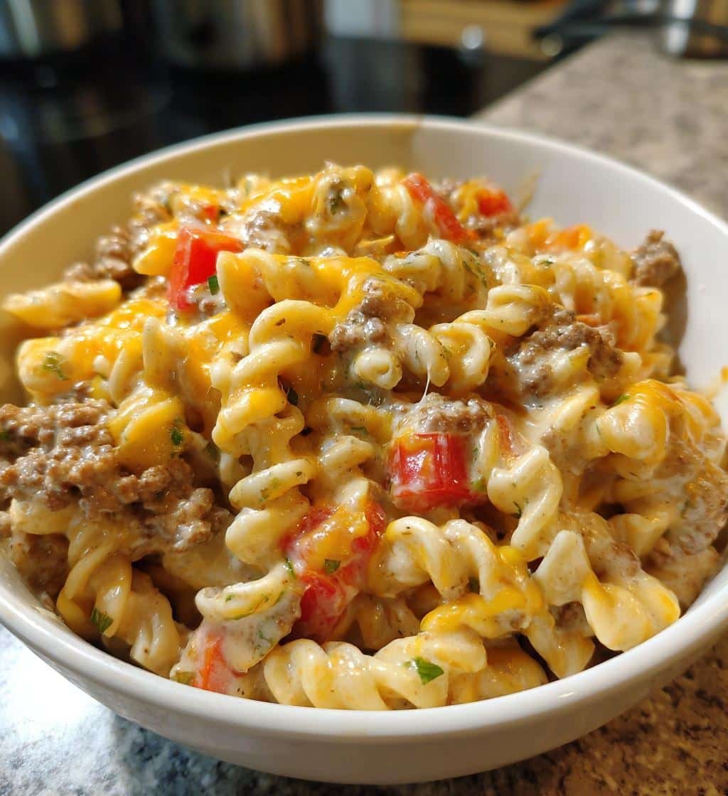 Healthy Crockpot Beef and Cheddar Ranch Pasta
