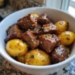 Healthy Crockpot Garlic Butter Beef Bites & Potatoes