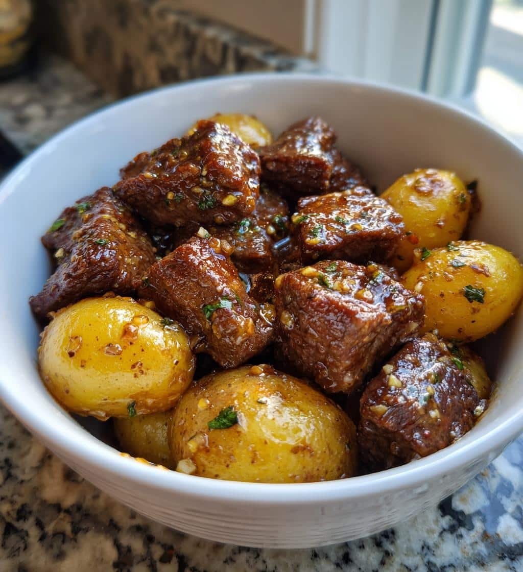 Healthy Crockpot Garlic Butter Beef Bites & Potatoes