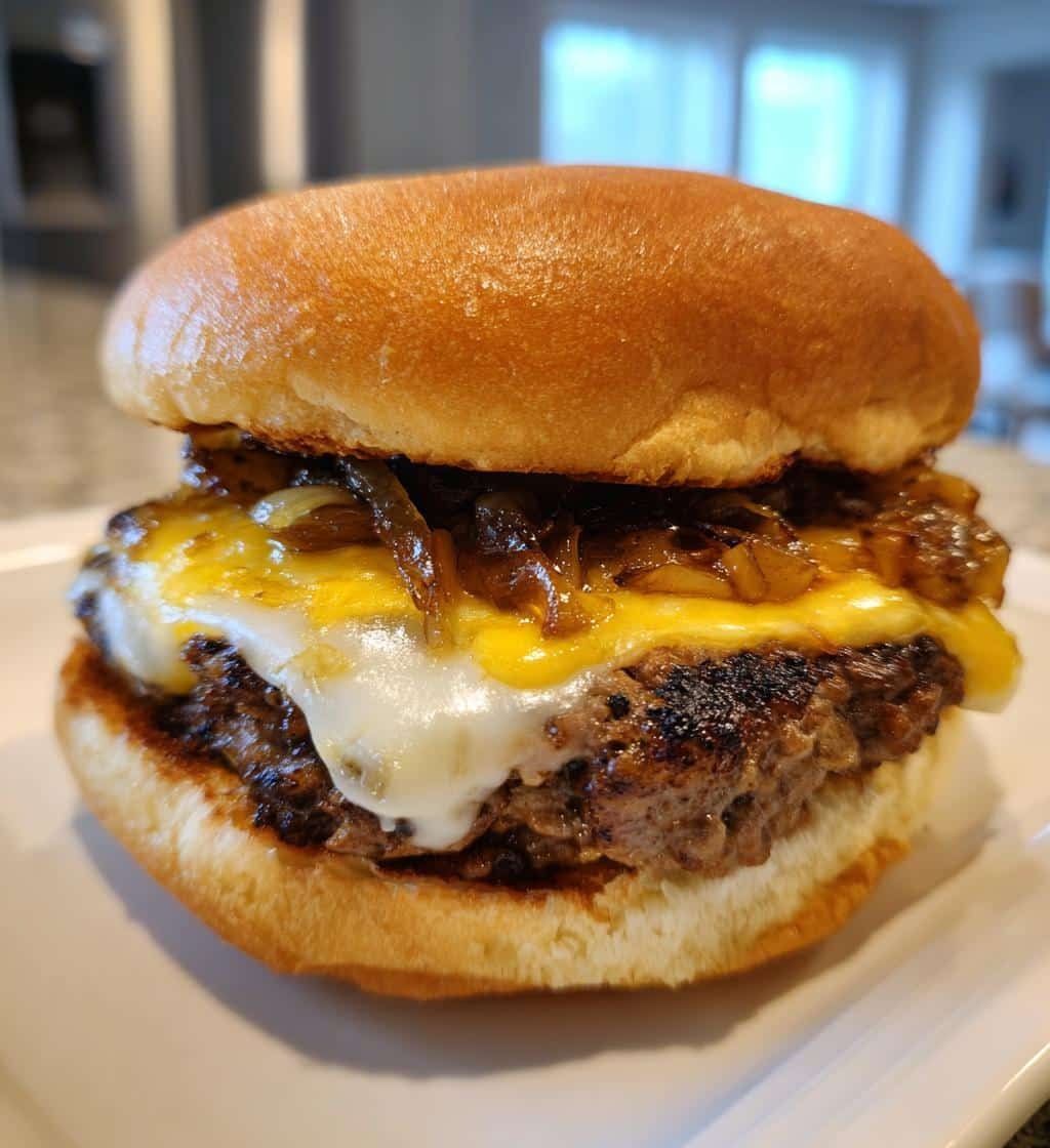 Healthy Easy Caramelized Onion and Swiss Cheese Burger