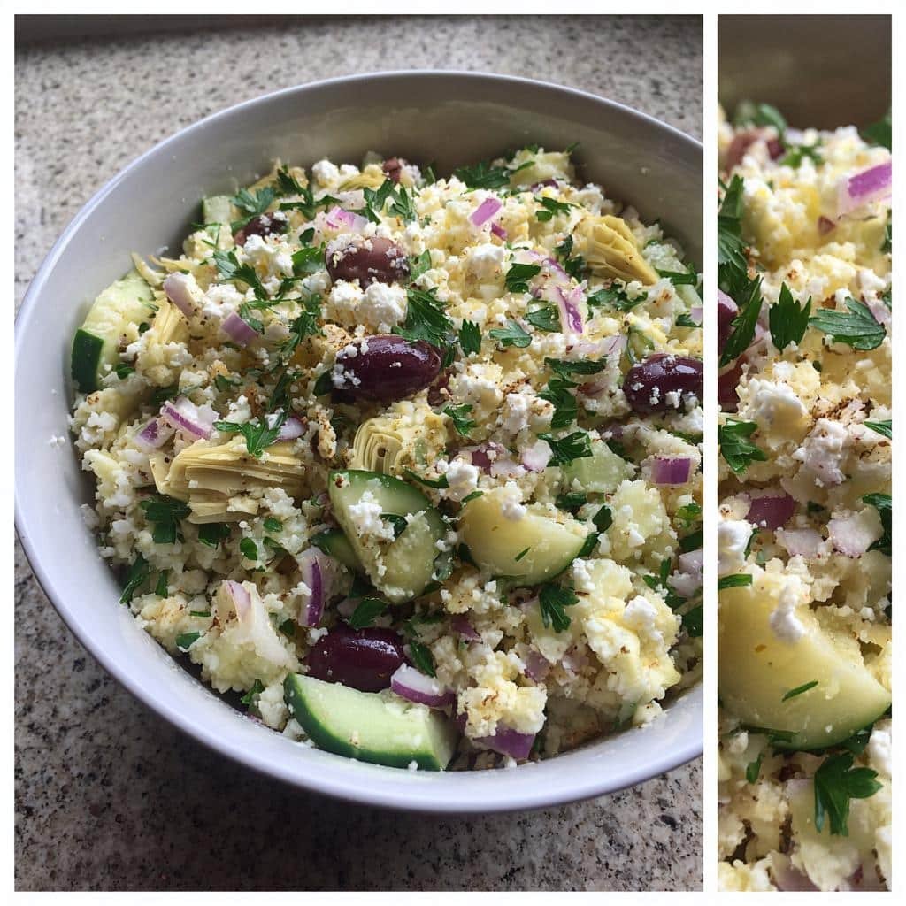 Healthy Easy Greek Artichoke Cauliflower Rice Salad