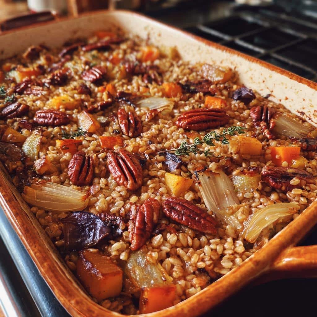 Healthy Farro Vegetable Fall Casserole with Pecans