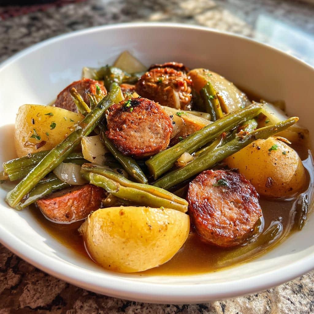 Healthy Italian Sausage, Potatoes & Green Beans in crockpot