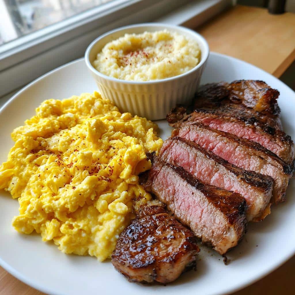 40g Protein Healthy Ribeye Breakfast with Cheesy Eggs & Grits 4 Healthy Ribeye, cheesy scrambled eggs, grits in crockpot - detail 1