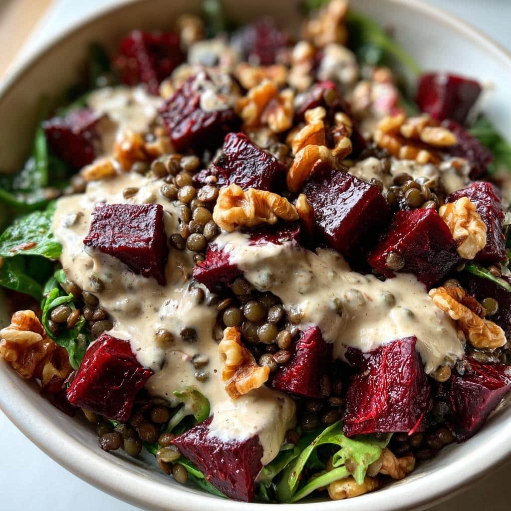 Healthy Roasted Beet Salad with 2 Secret Power Ingredients 4 Healthy Roasted Beet and Lentil Salad with Tahini Dressing - detail 1