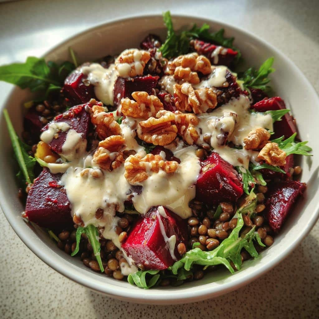 Healthy Roasted Beet and Lentil Salad with Tahini Dressing