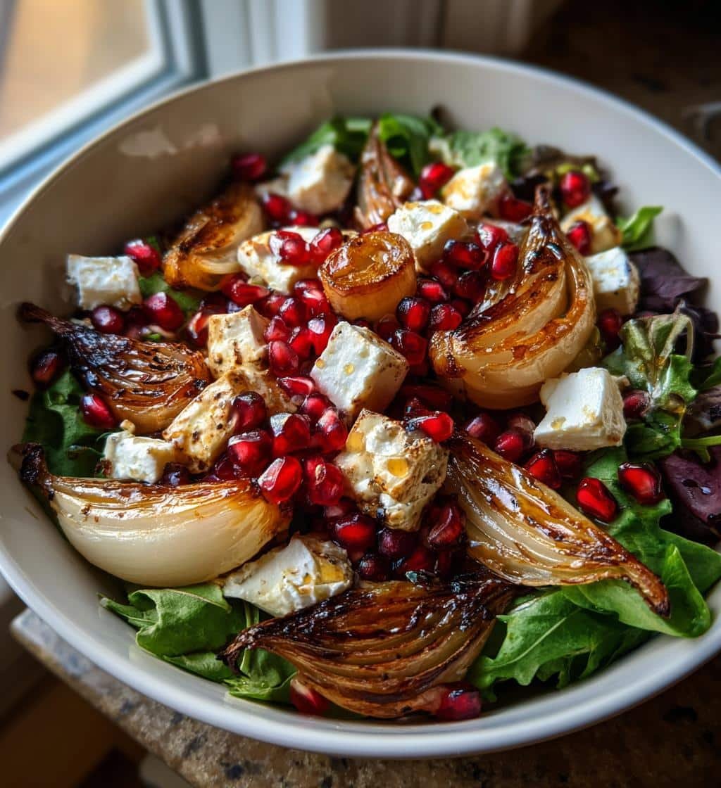 Healthy Roasted Onion and Feta Salad (with Pomegranate)