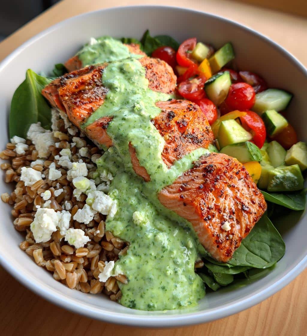Healthy Salmon Farro Bowl with Green Goddess Dressing