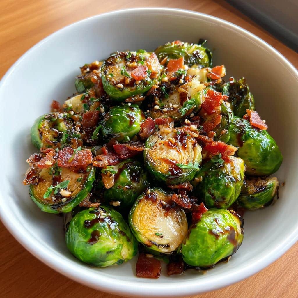 Healthy Warm Brussels Sprouts Salad with Bacon and Balsamic