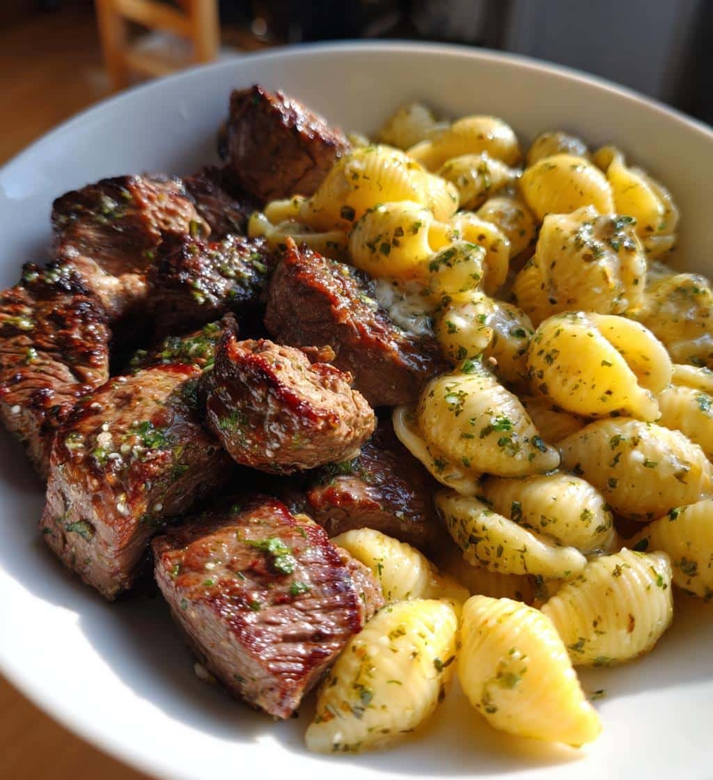 Homemade Garlic Butter Steak Bites & Creamy Parmesan Shells