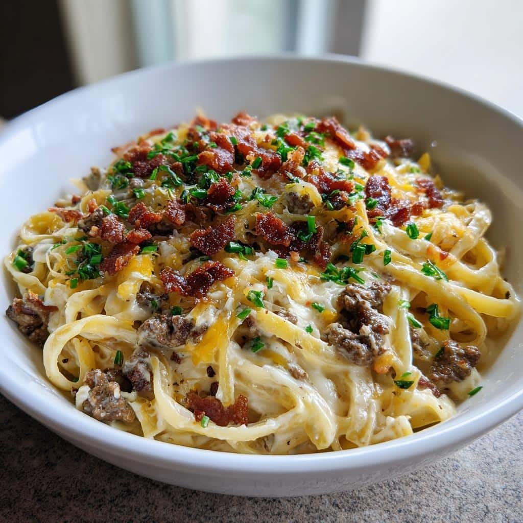Quick Loaded Bacon Cheeseburger Alfredo Pasta - detail 1