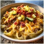 Quick Loaded Bacon Cheeseburger Alfredo Pasta