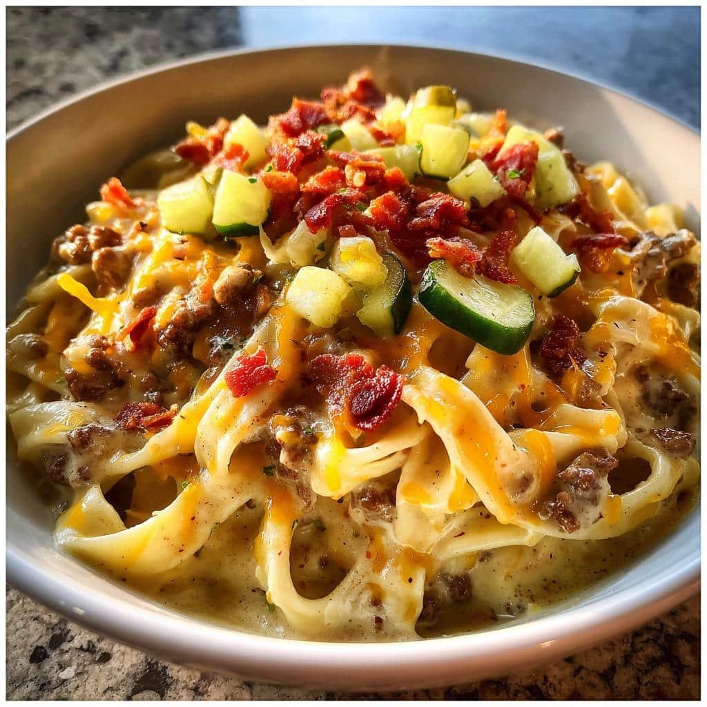 Quick Loaded Bacon Cheeseburger Alfredo Pasta