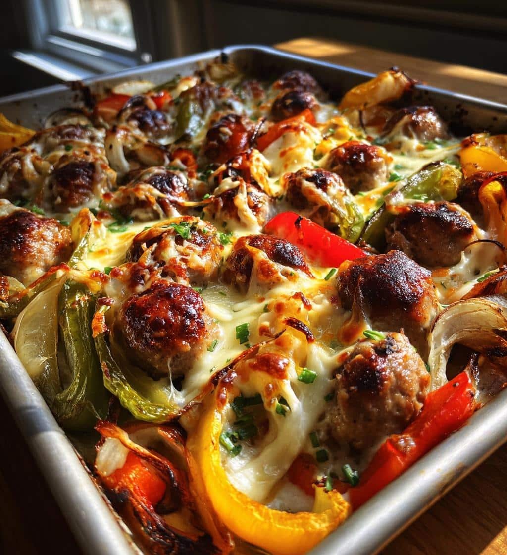 Sheet Pan Sausage and Peppers with Melty Cheese