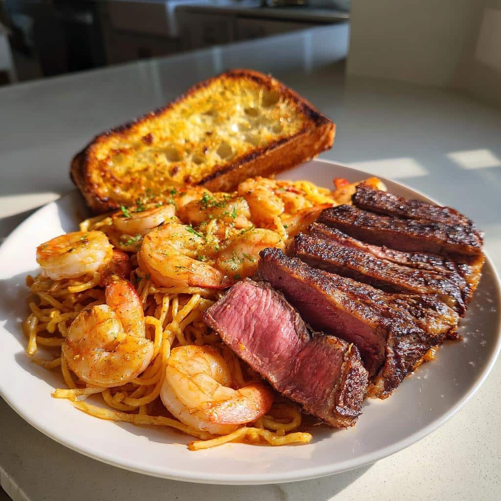 Smoked ribeye, Cajun shrimp pasta and garlic toast - detail 1
