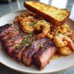 Smoked ribeye, Cajun shrimp pasta and garlic toast