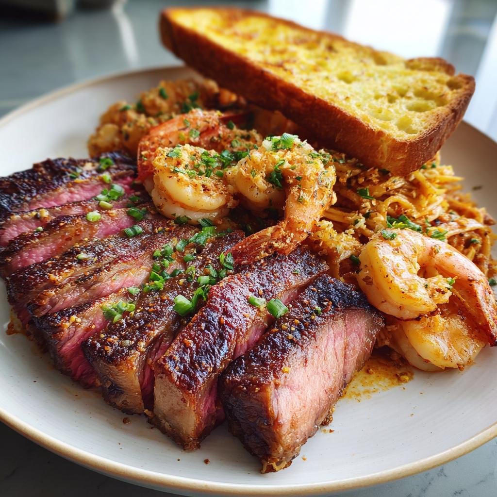 Smoked ribeye, Cajun shrimp pasta and garlic toast