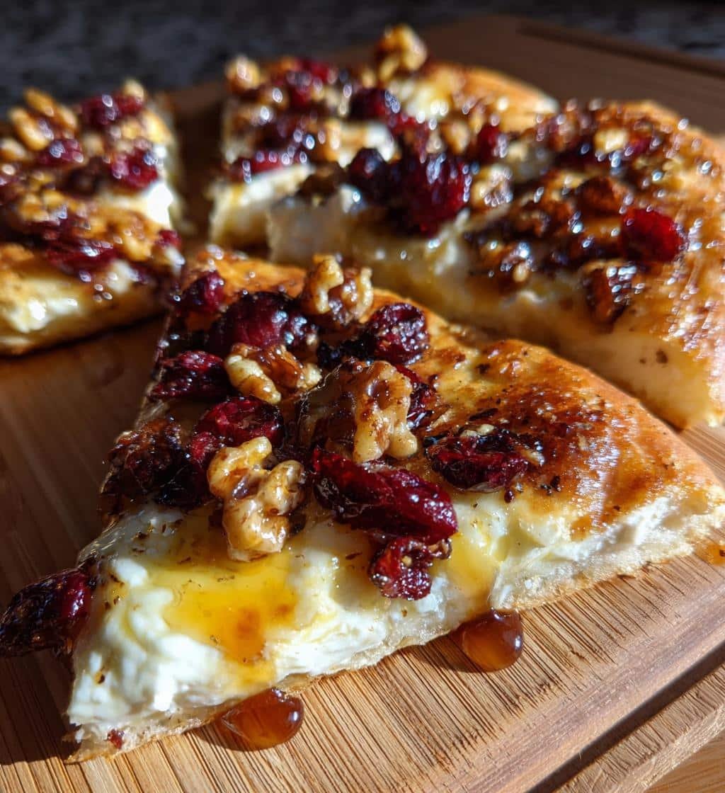 Crispy Flatbread with Brie, Cranberries & Toasted Walnuts with a Maple Syrup Drizzle